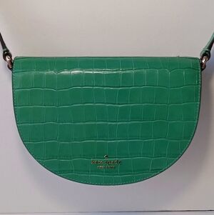 New Kate Spade Luna Crescent Crossbody Croc Embossed Leather Woodland Green